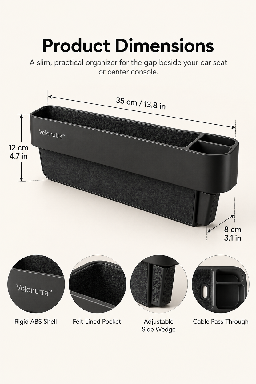 Velonutra™ Seat Gap Storage Organizer structure and material details