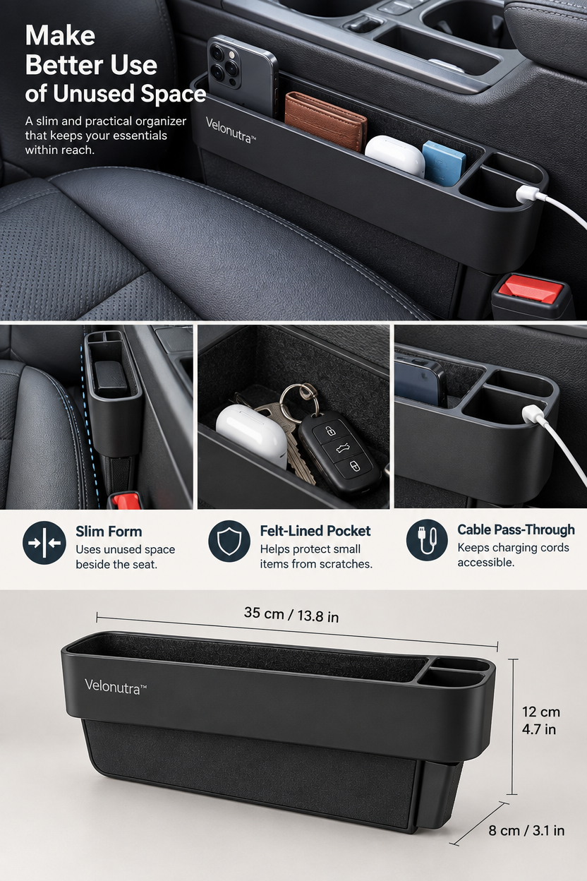 Velonutra™ Seat Gap Storage Organizer access capacity and functional details