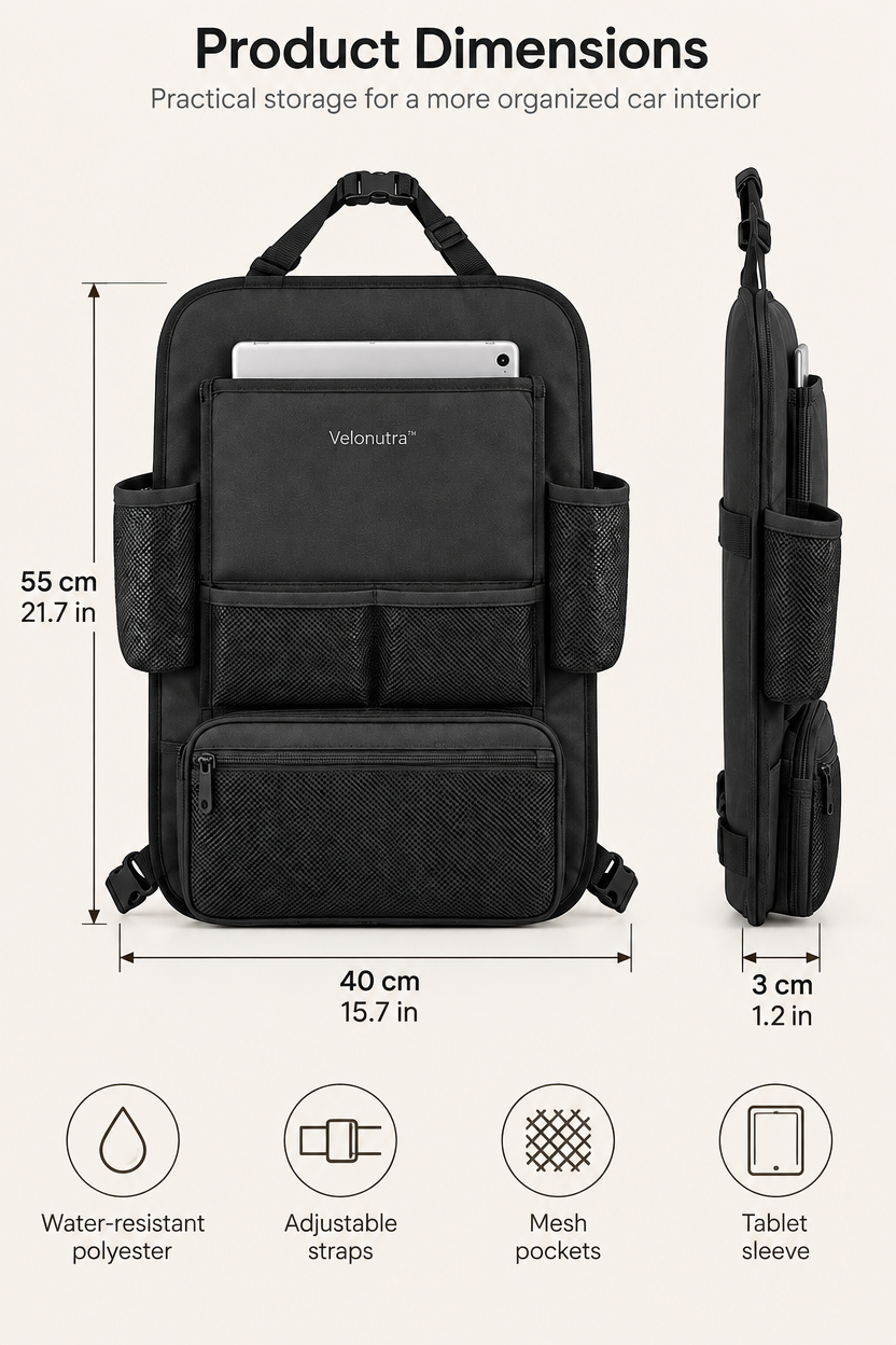 Velonutra™ Multi-Function Seatback Storage Bag structure and material details