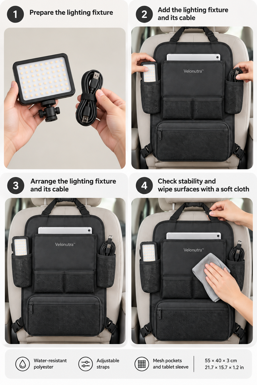 Velonutra™ Multi-Function Seatback Storage Bag setup and in-vehicle use