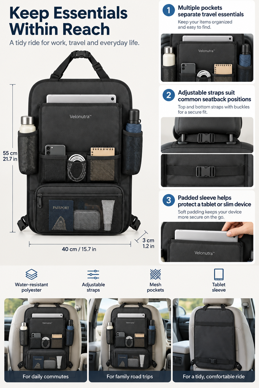 Velonutra™ Multi-Function Seatback Storage Bag access capacity and functional details