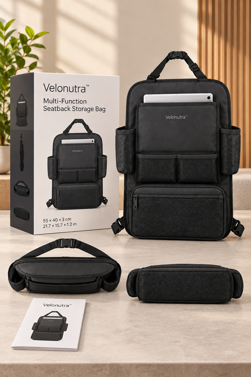 Velonutra™ Multi-Function Seatback Storage Bag final packaged vehicle lifestyle scene