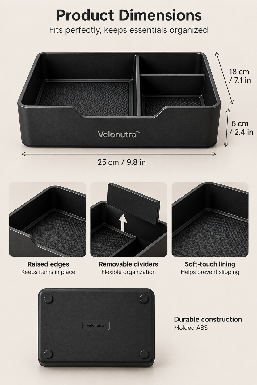 Velonutra™ Car Center Console Organizer Tray structure and material details