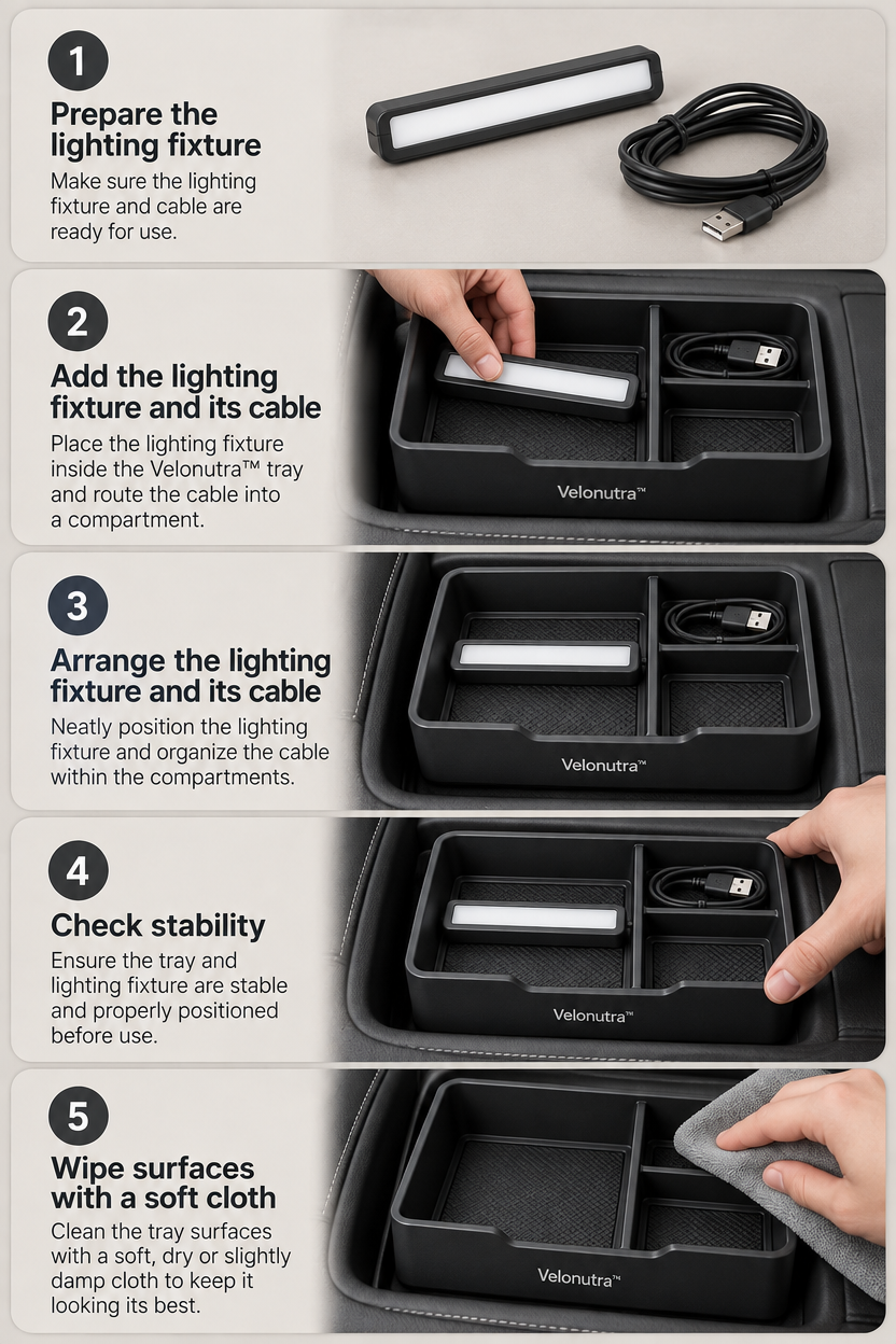 Velonutra™ Car Center Console Organizer Tray setup and in-vehicle use