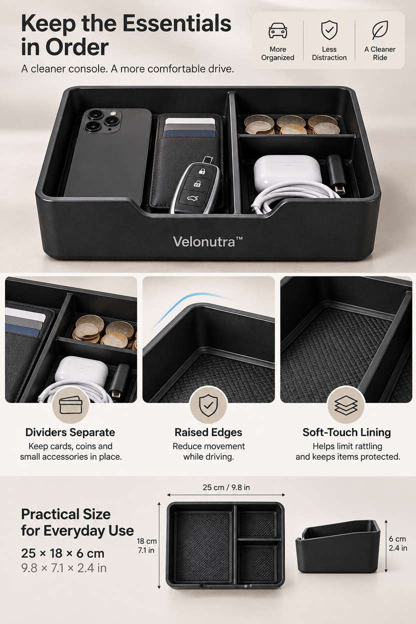 Velonutra™ Car Center Console Organizer Tray access capacity and functional details