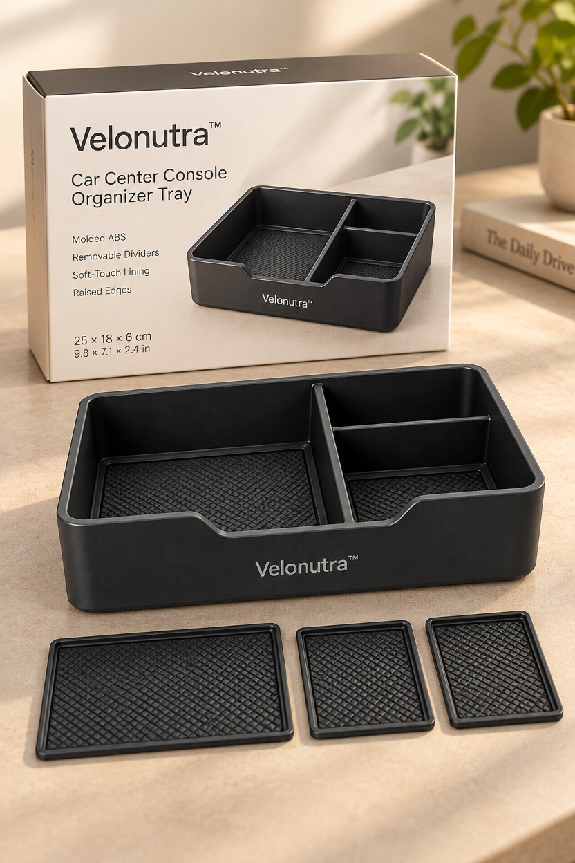 Velonutra™ Car Center Console Organizer Tray final packaged vehicle lifestyle scene