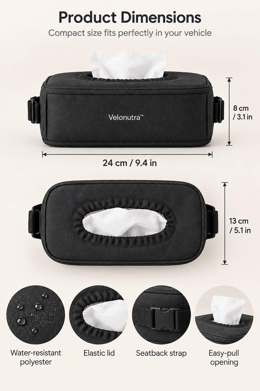Velonutra™ Vehicle Tissue Box Holder structure and material details