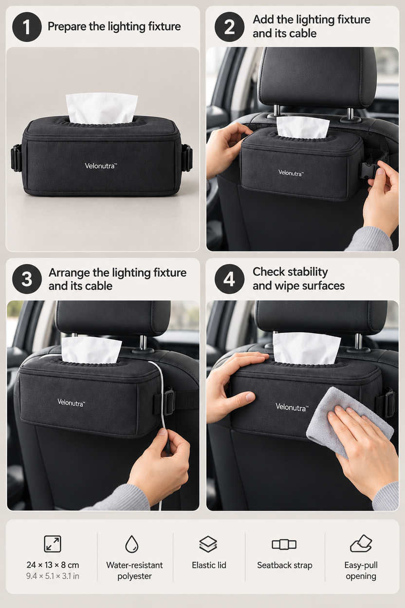 Velonutra™ Vehicle Tissue Box Holder setup and in-vehicle use