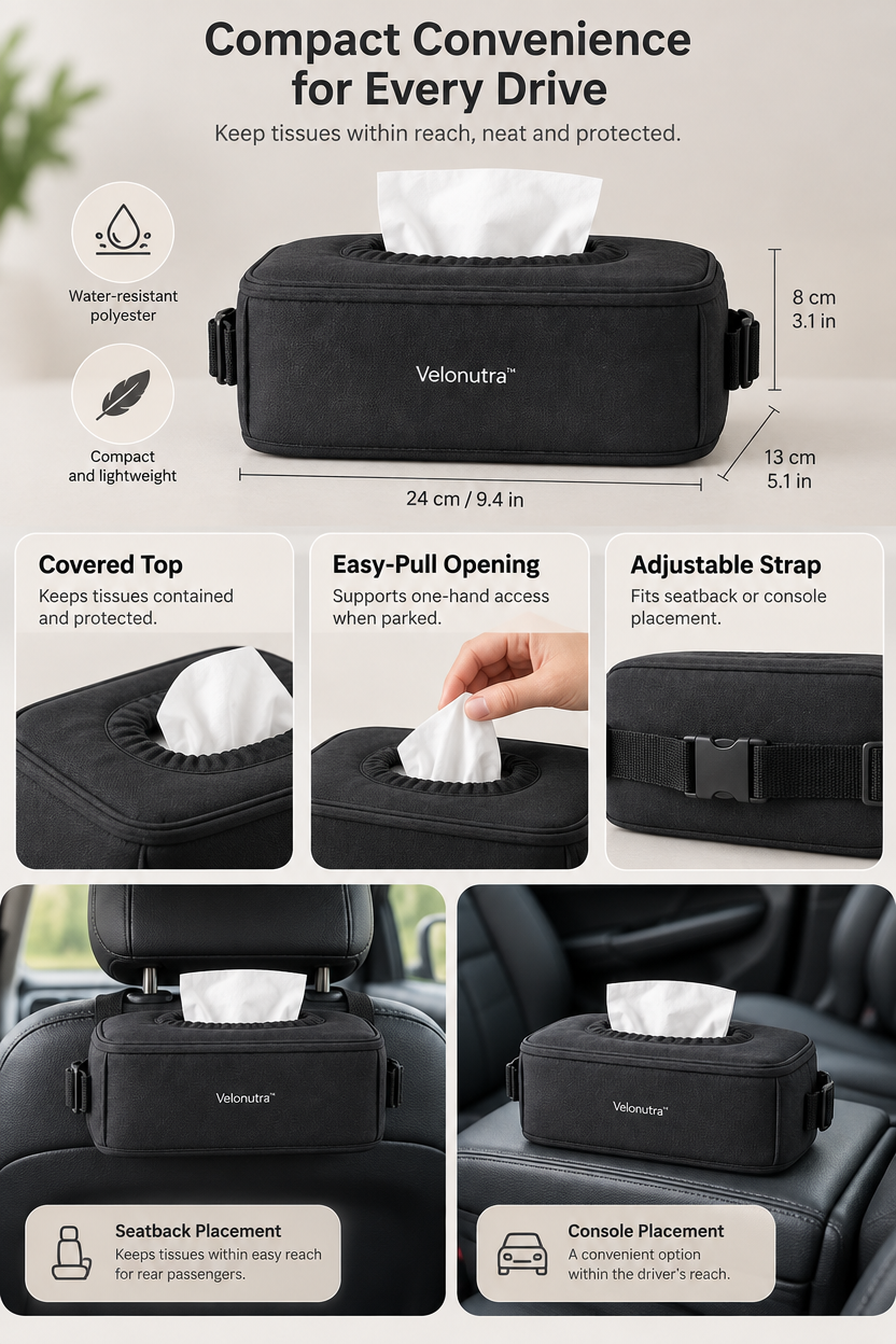 Velonutra™ Vehicle Tissue Box Holder access capacity and functional details