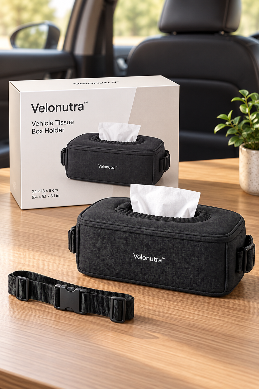 Velonutra™ Vehicle Tissue Box Holder final packaged vehicle lifestyle scene