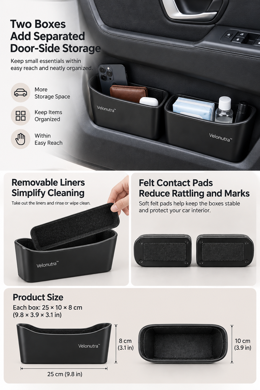 Velonutra™ Car Door Side Storage Box Set access capacity and functional details
