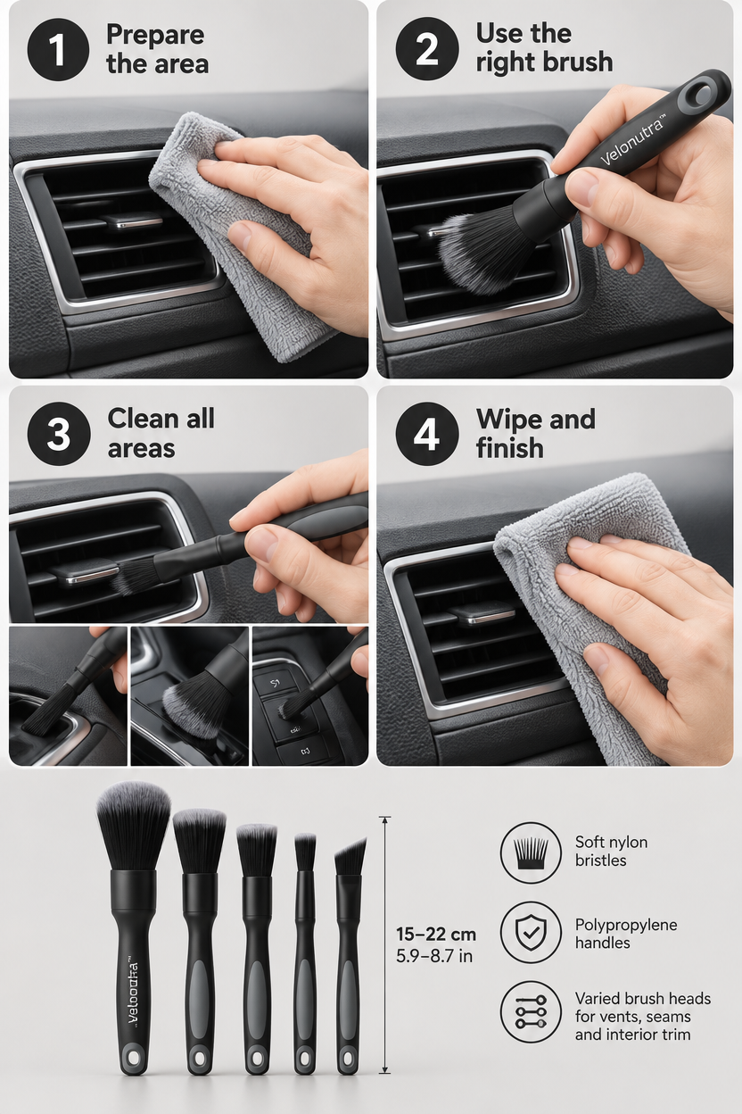 Velonutra™ Soft-Bristle Car Detailing Brush Set setup and in-vehicle use