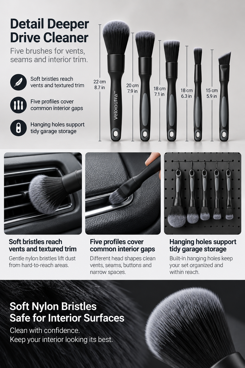 Velonutra™ Soft-Bristle Car Detailing Brush Set access capacity and functional details