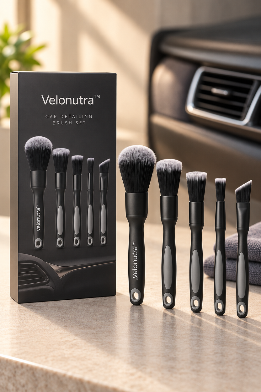 Velonutra™ Soft-Bristle Car Detailing Brush Set final packaged vehicle lifestyle scene