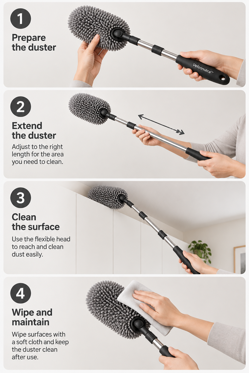 Velonutra™ Extendable Car Dusting Wand setup and in-vehicle use