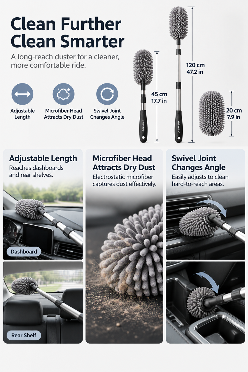 Velonutra™ Extendable Car Dusting Wand access capacity and functional details