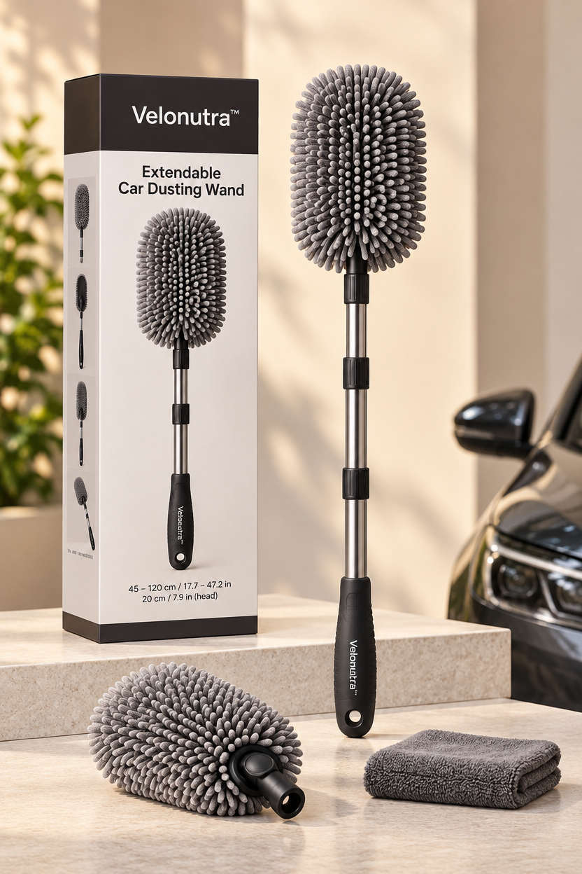 Velonutra™ Extendable Car Dusting Wand final packaged vehicle lifestyle scene