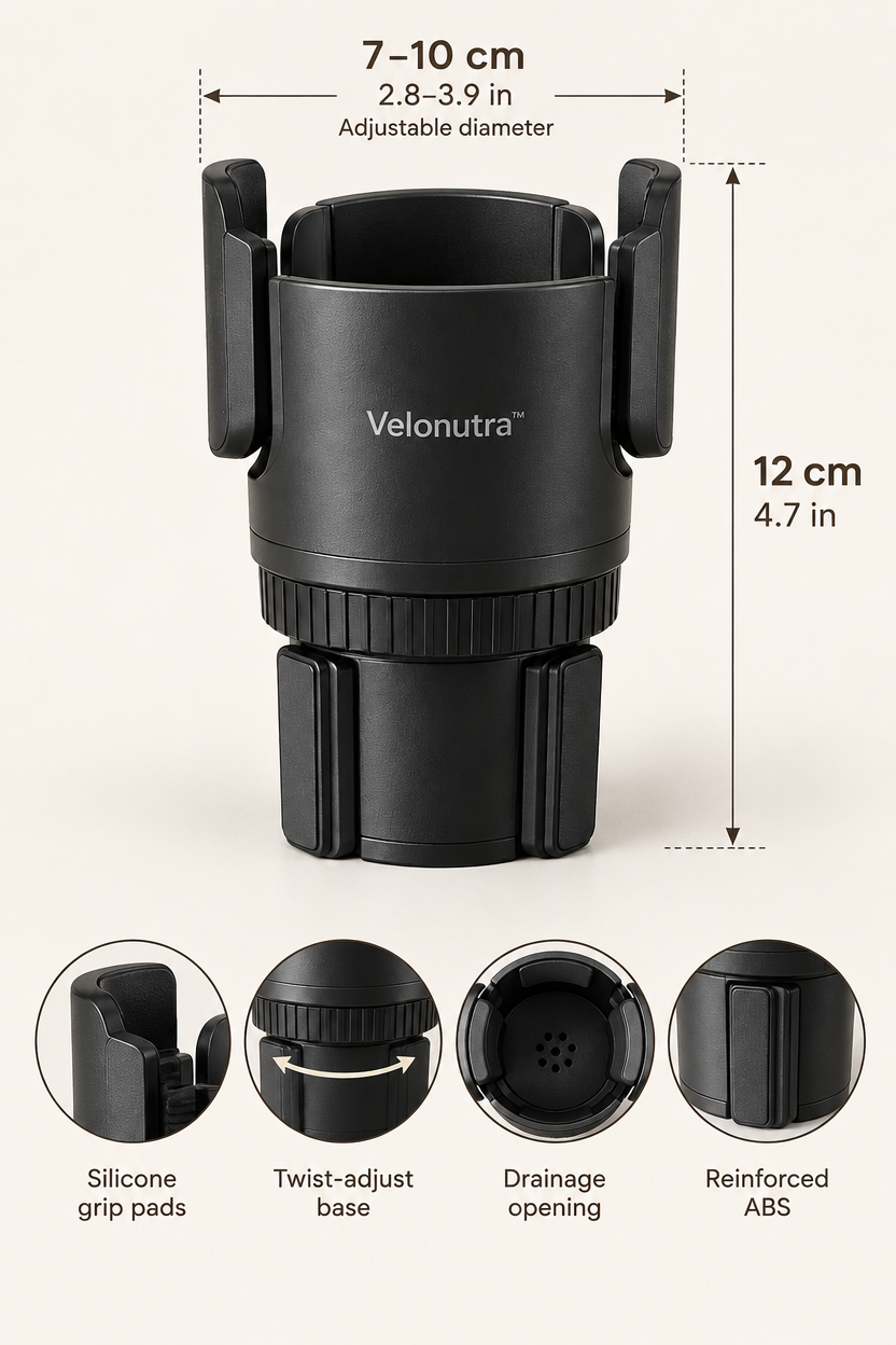 Velonutra™ Adjustable Car Cup Holder Expander structure and material details