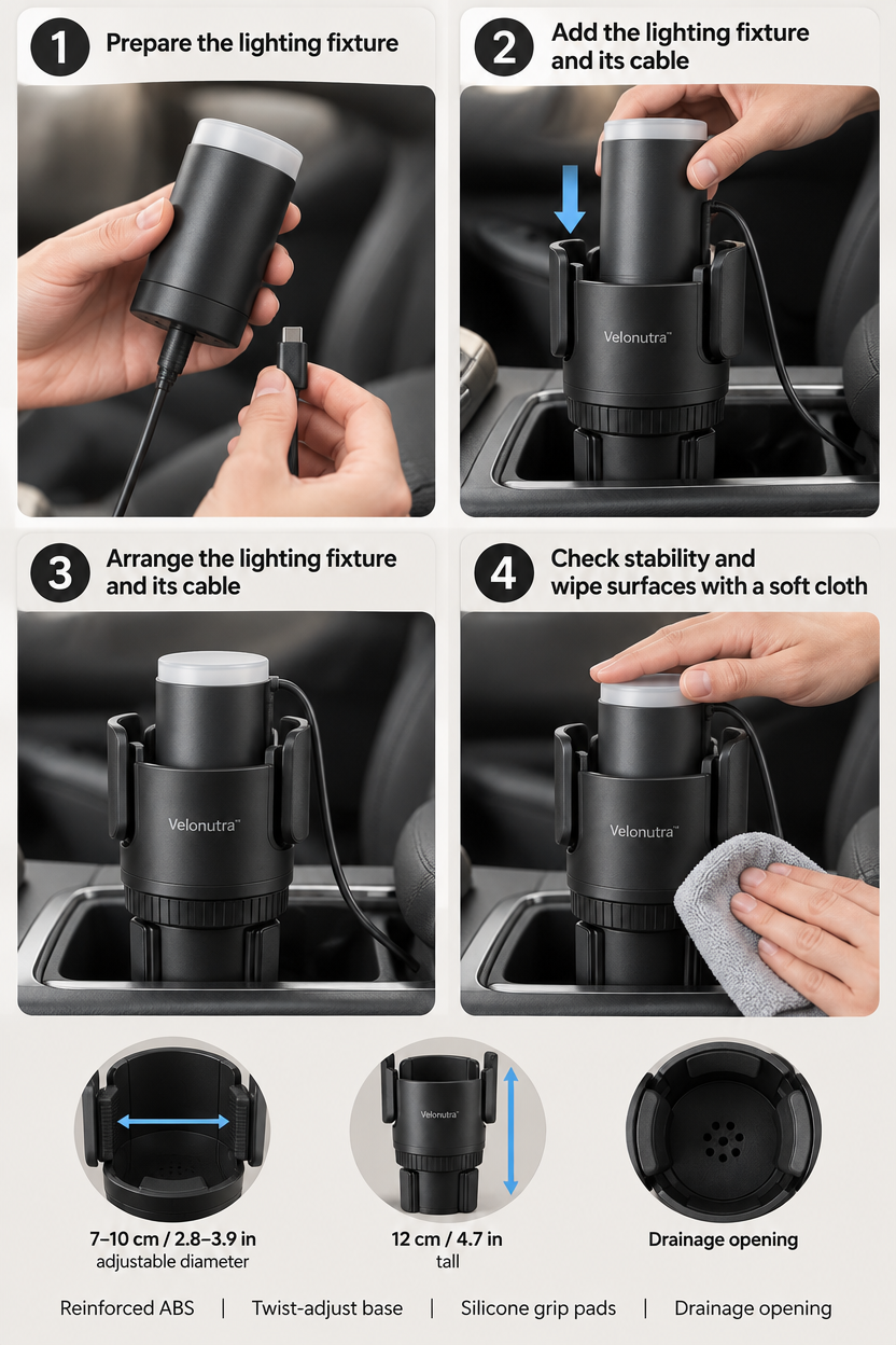 Velonutra™ Adjustable Car Cup Holder Expander setup and in-vehicle use