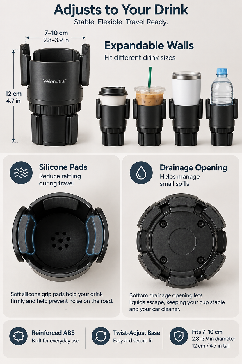 Velonutra™ Adjustable Car Cup Holder Expander access capacity and functional details