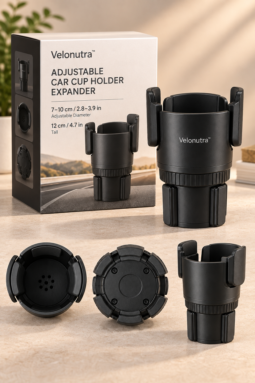 Velonutra™ Adjustable Car Cup Holder Expander final packaged vehicle lifestyle scene