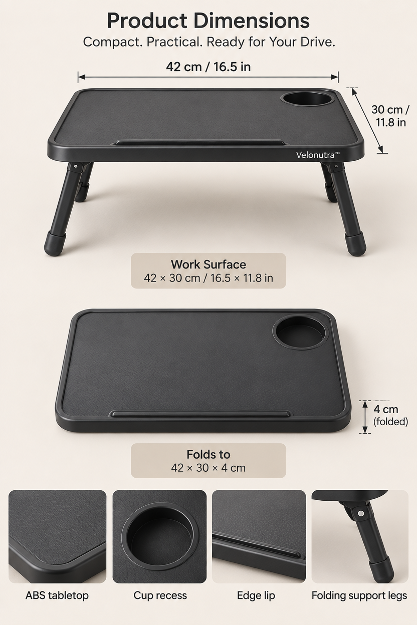 Velonutra™ Foldable Vehicle Lap Table structure and material details