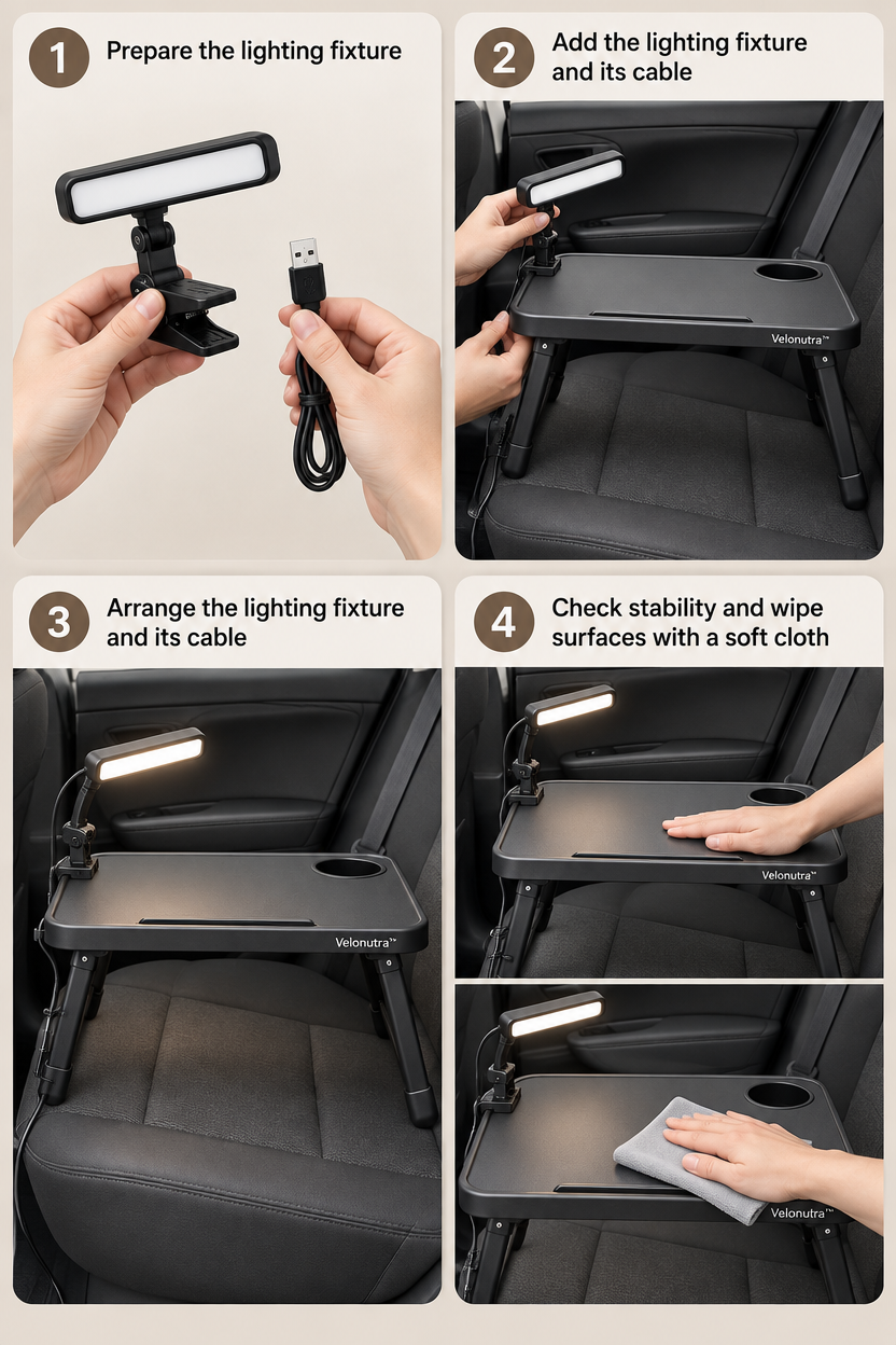 Velonutra™ Foldable Vehicle Lap Table setup and in-vehicle use