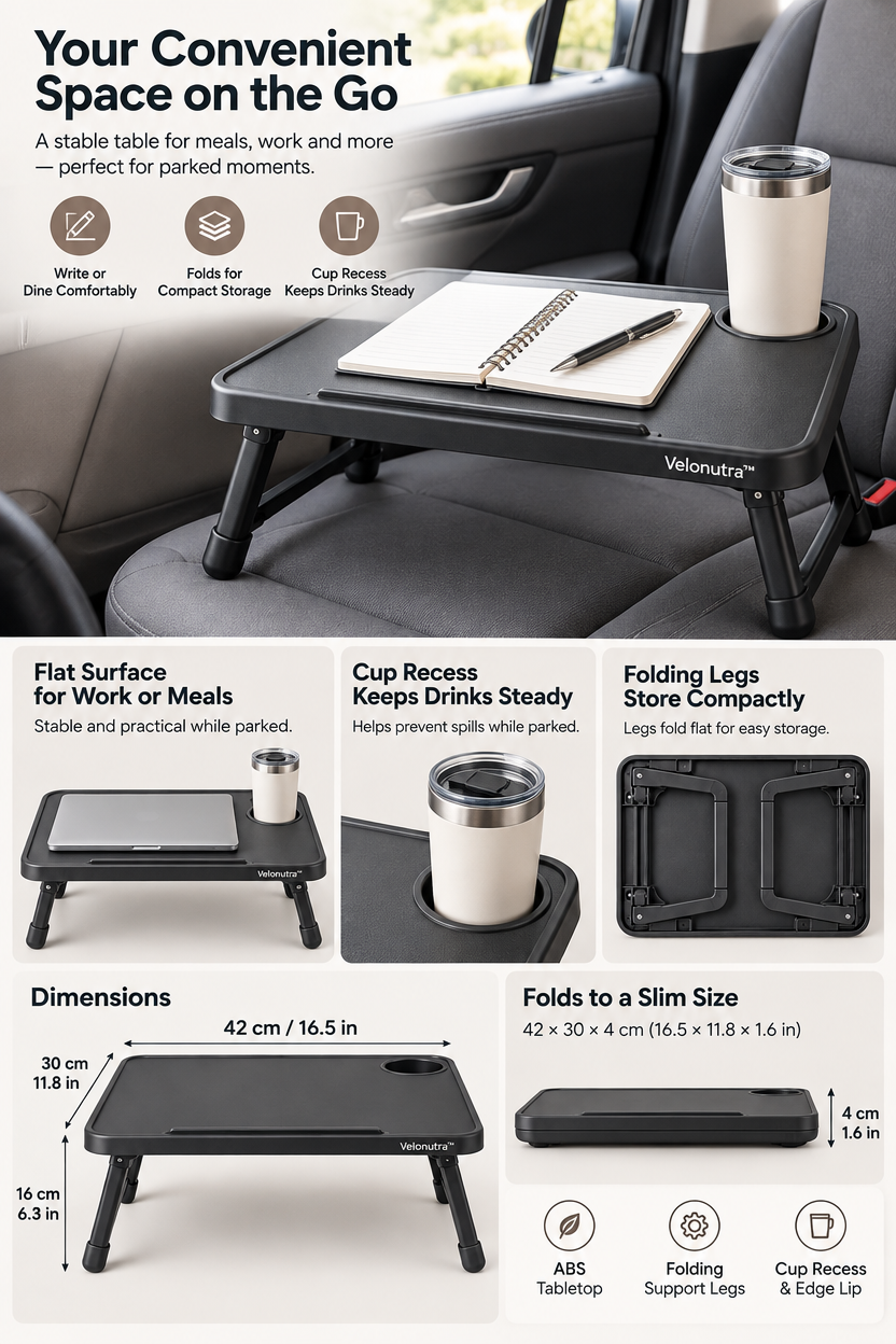 Velonutra™ Foldable Vehicle Lap Table access capacity and functional details