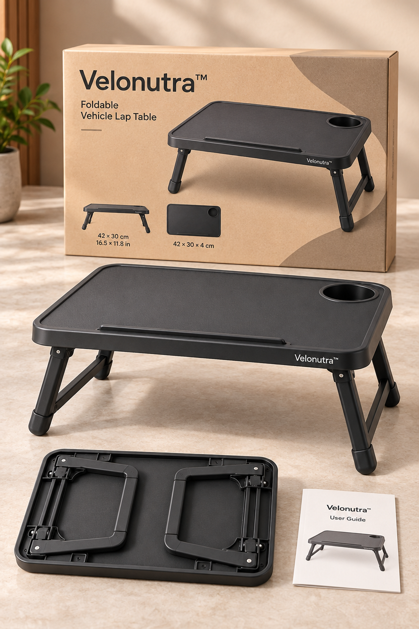 Velonutra™ Foldable Vehicle Lap Table final packaged vehicle lifestyle scene