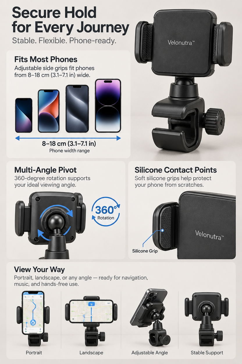 Velonutra™ Multi-Angle Phone Mount access capacity and functional details