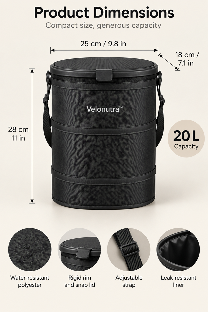 Velonutra™ Foldable Vehicle Trash Bin structure and material details