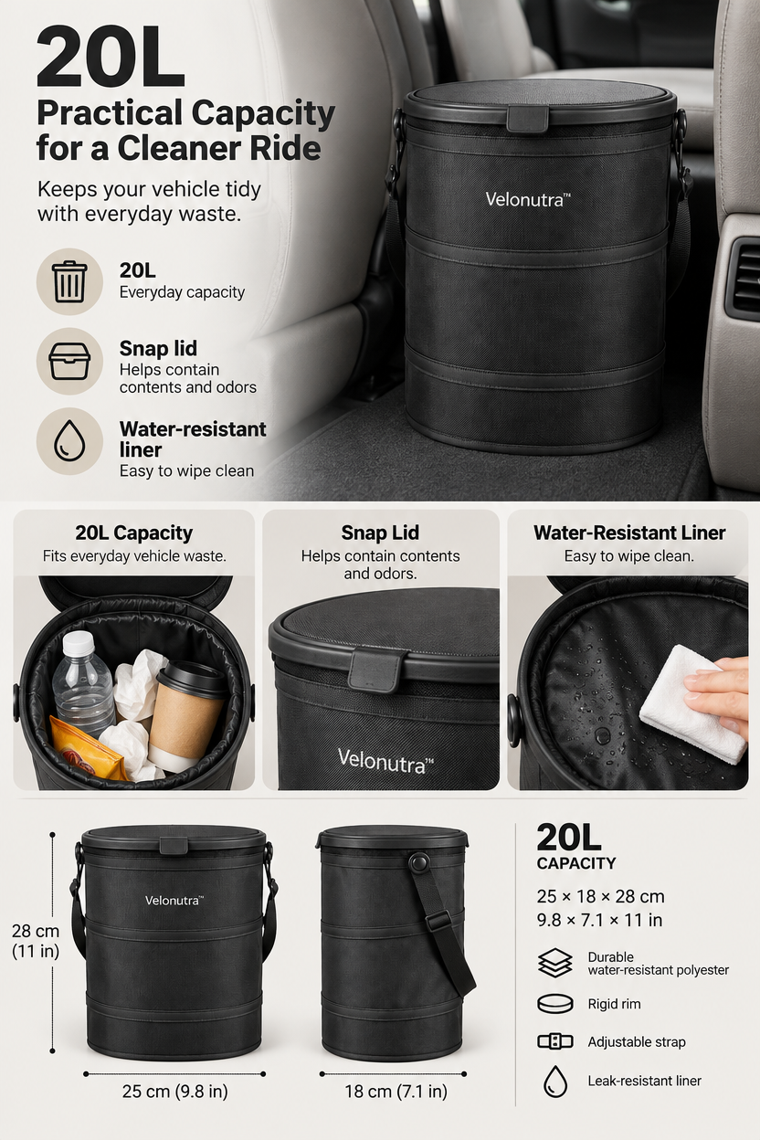 Velonutra™ Foldable Vehicle Trash Bin access capacity and functional details
