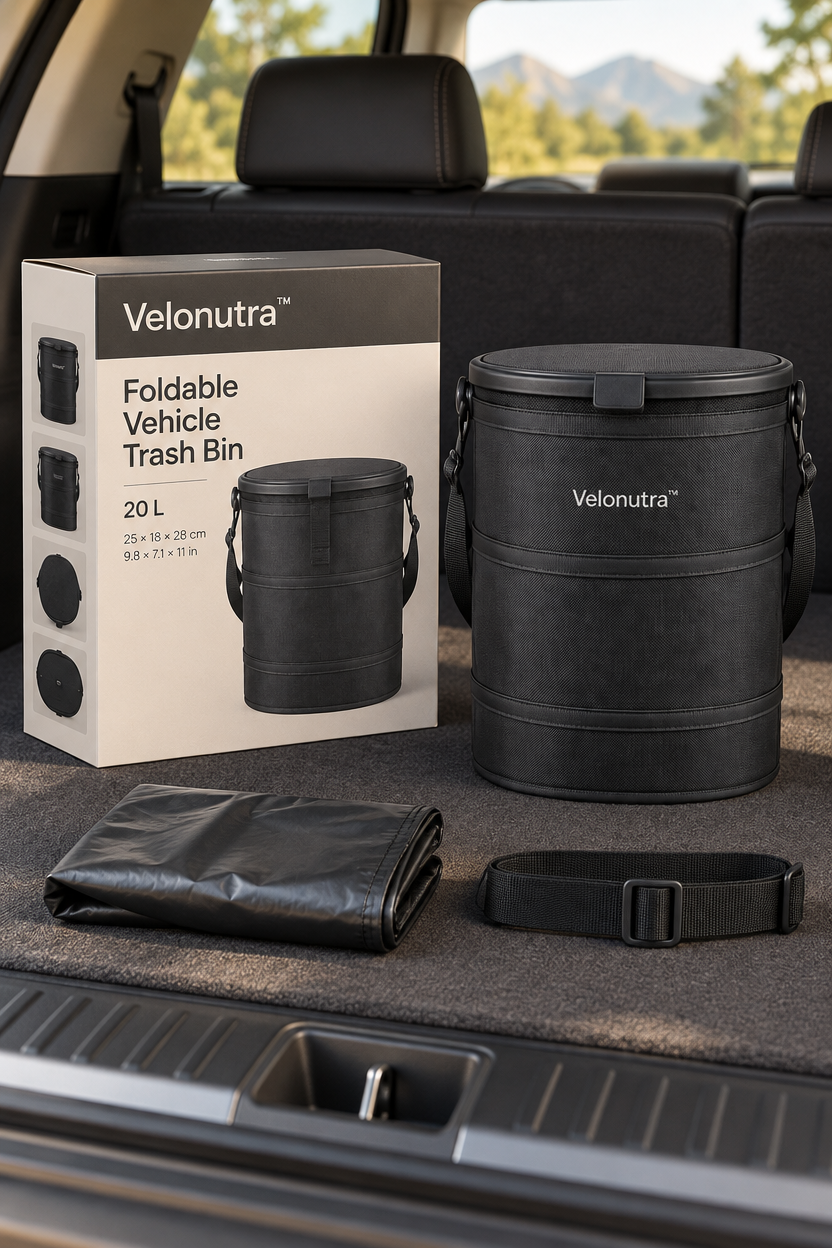 Velonutra™ Foldable Vehicle Trash Bin final packaged vehicle lifestyle scene