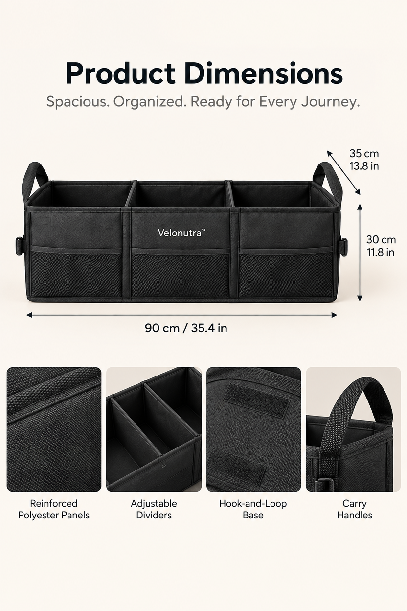 Velonutra™ Foldable Trunk Divider Organizer structure and material details