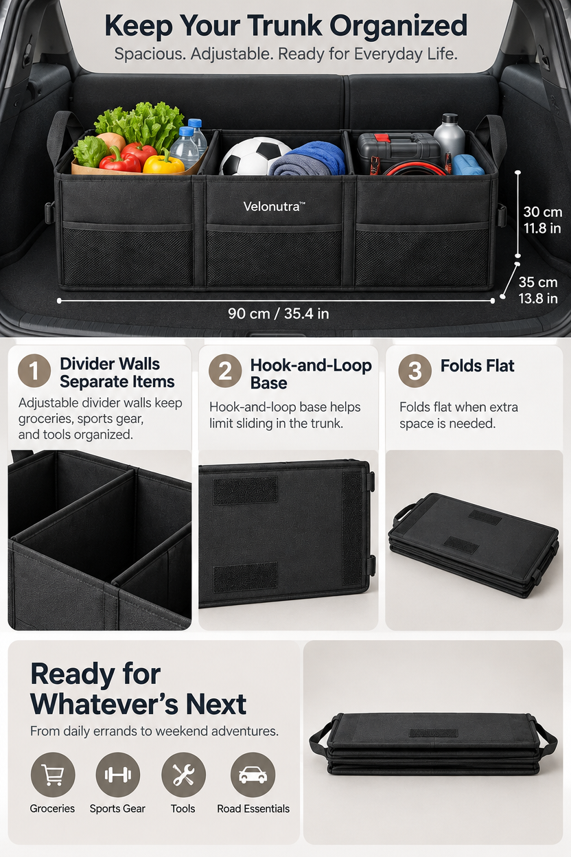 Velonutra™ Foldable Trunk Divider Organizer access capacity and functional details