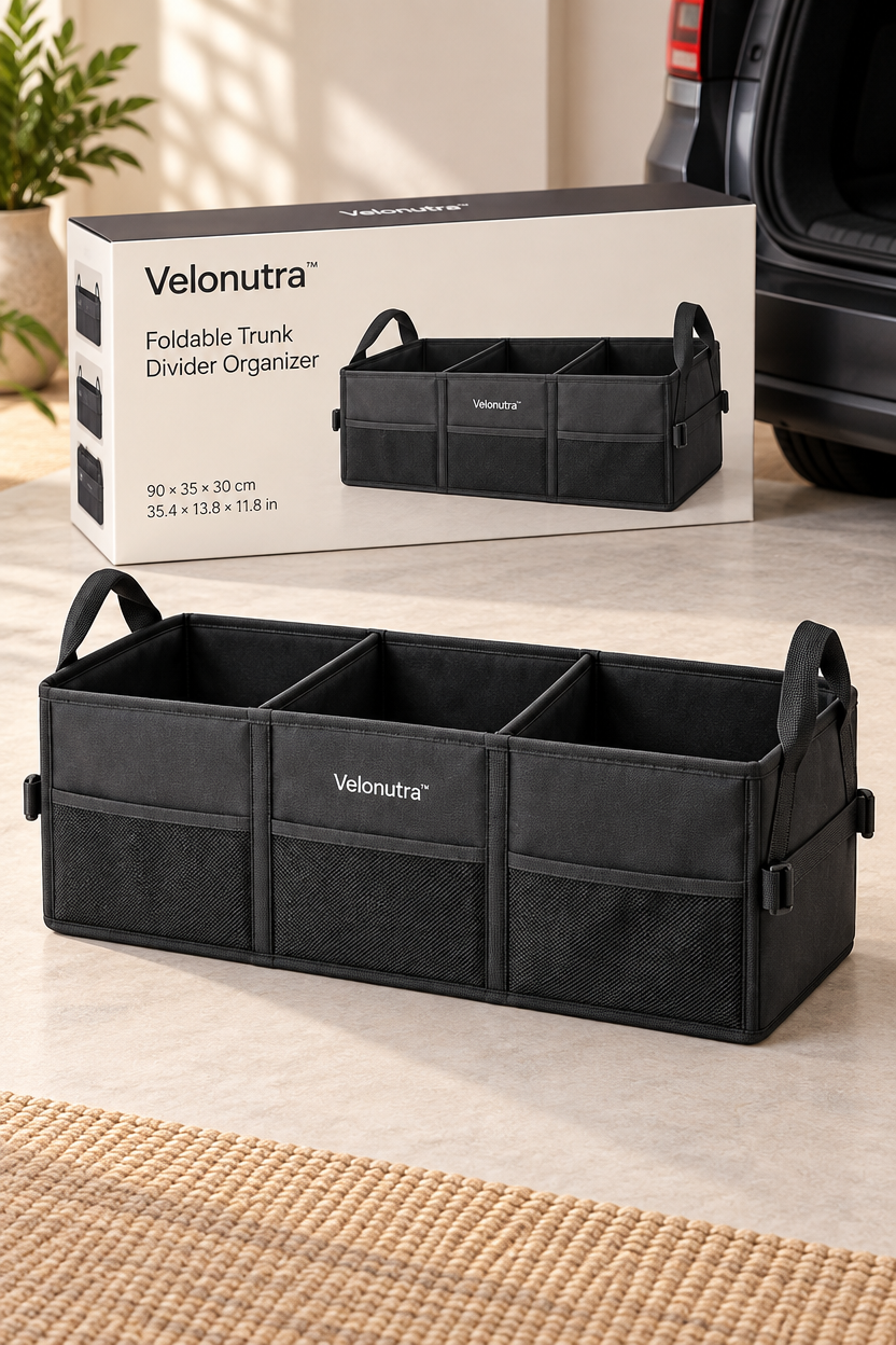 Velonutra™ Foldable Trunk Divider Organizer final packaged vehicle lifestyle scene